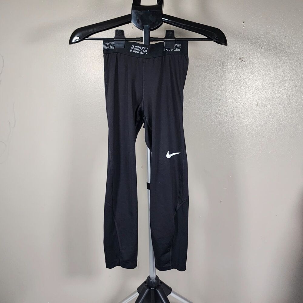 Nike Pro Youth Leggings Black Cropped Compression Pants White Swoosh Sz 8